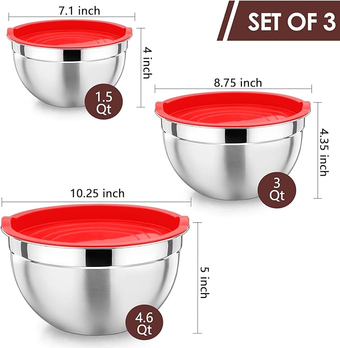 P&P CHEF Red Mixing Bowls with Lids, Set of 3, Stainless Steel Salad Nesting Bowl for Mixing, Storing, Prepping, Airtight & Stackable, Size 4.6/3 /1.5 QT