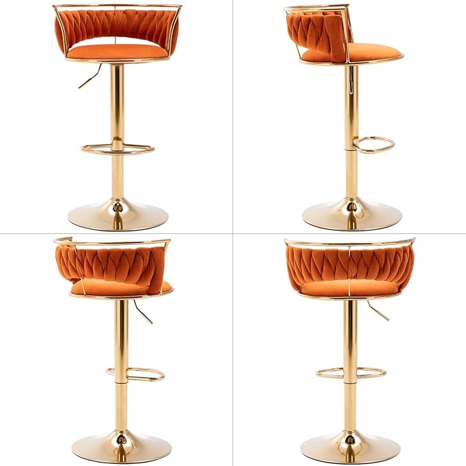 LukeAlon Velvet Adjustable Barstools Set of 4, Modern 360° Swivel Counter Stools with Golden Base Upholstered Open Back Tall Bar Chairs with Footrest for Home Kitchen, Orange