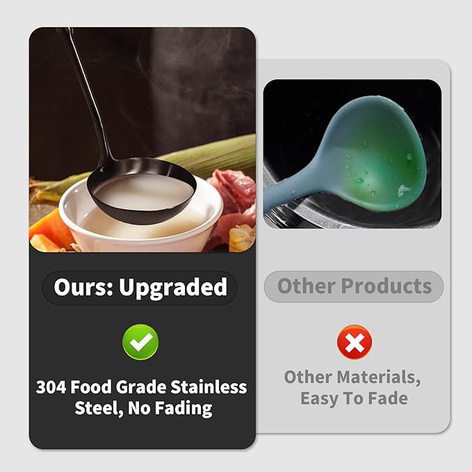 Newness Soup Ladle, [Rustproof, Heat Resistance, Integral Forming] Durable 304 Stainless Steel Soup Spoon with Vacuum Ergonomic Round Handle, Cooking Spoon for Kitchen, 13.7 Inches, Black