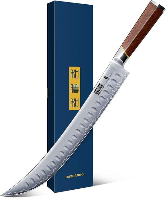 Brisket Slicing Knife 12 Inch, Japanese High Carbon Steel Butcher Breaking Knife with Ergonomic Handle, Razor Sharp Curved Carving Knives for Meat, BBQ