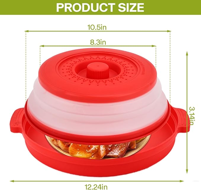 Microwave Food Splatter Cover & Anti-scald Base Mat,Large Plastic & Silicone Vented Avoid Scalding Collapsible Guard Lid, Plate Holder & Kitchen Colander for Meal Prep-10.7 Inch (2 Pcs BRed)