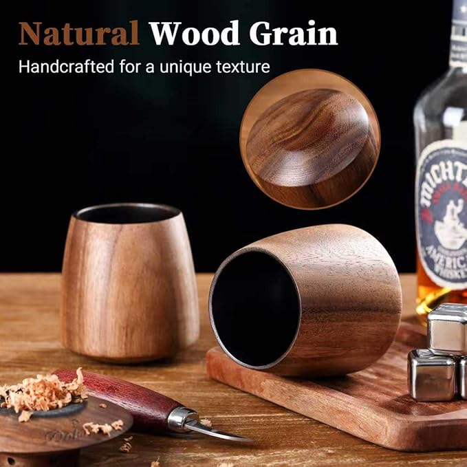 Acacia Wood Whiskey Glass – Premium Handcrafted Bourbon Tumbler with Charred Interior | Old Fashioned Whiskey Glass for Whiskey Lovers | Luxury Christmas & Birthday Gift for Men, Dad, Husband (4Pcs)