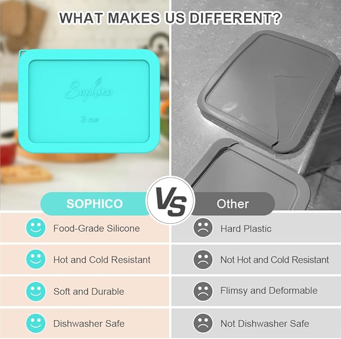 Sophico 3 Cup Rectangle Silicone Storage Cover Lids Replacement for Pyrex 7210-PC Glass Bowls, Container not Included (MINT, 2 Pack)