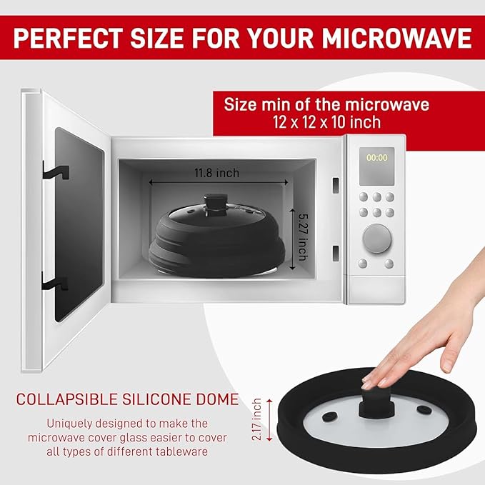 Microwave Splatter Cover Glass 11.8 Inch - Collapsible Microwave Splatter Cover for Plate & Bowl - Tempered Glass Top, Food-Grade Silicone Dome with Heating Vents & Heat-Safe Handle (BLACK)