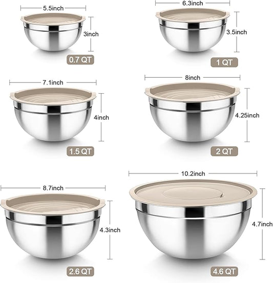 TeamFar Mixing Bowls, 6PCS Stainless Steel Nesting Mixing Salad Bowl with Lids & 3 Grater Attachments, for Food Cooking Baking Storing, Healthy, Khaki - 4.6/2.6/2 / 1.5/1 / 0.7 QT