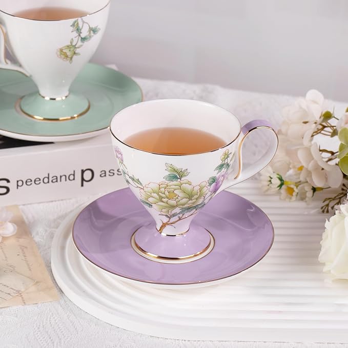 KAMMAK Ceramic Tea Cup and Saucer Set with Gold Trim, 240ml Floral Pattern Elegant Bone China Coffee Cup Set with Purple & Mint Green Saucers for Afternoon Tea, Gift for Women