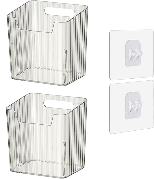 Set of 2 Storage Organizer Bins Wall Mounted Floating Shelves Fridge Organizer Stackable Clear Plastic Storage Bins for Wall, Refrigerator, Kitchen, Bathroom, Countertops, Pantry, BPA Free (Clear)