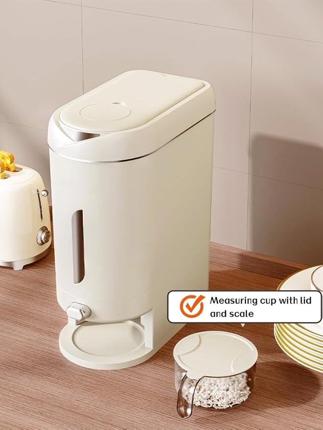Rice Dispenser Cereal Dry Food Storage Containers with Measuring Cup and Water Filter Cover,Moisture Proof Airtight Food Dispenser Bucket for Rice,Corn,Coffee Bean,Grain,Soybean and Oatmeal,White,12LB