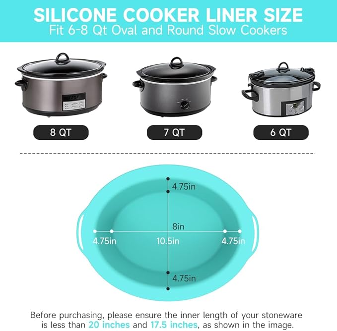 ChefAid Slow Cooker Liners, 100% Silicone Reusable Crock Pot Insert Accessories for 6-8 Oval or Round Quart Slow Cookers, Food Safe & Dishwasher Safe (Grey-Mint)