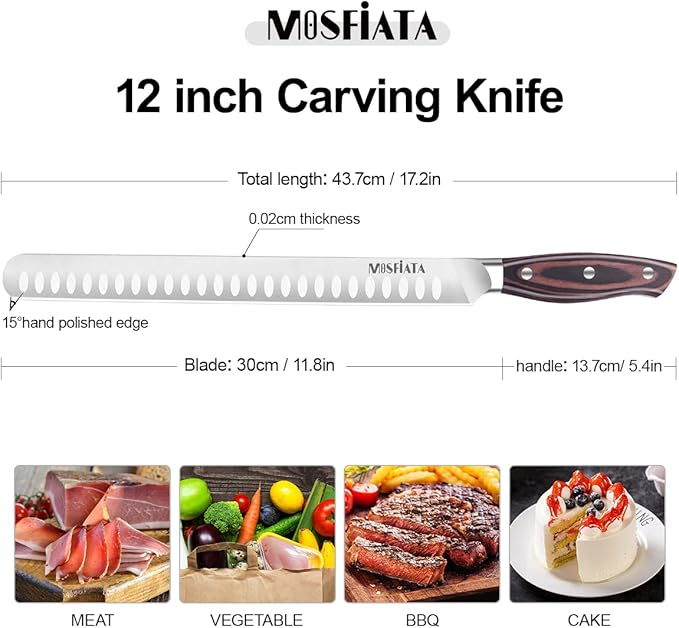 MOSFiATA 12" Slicing Carving Knife –BBQMeat Cutting Knife-Forged High Carbon German Steel – Ergonomic Handle Design-With Gift Box