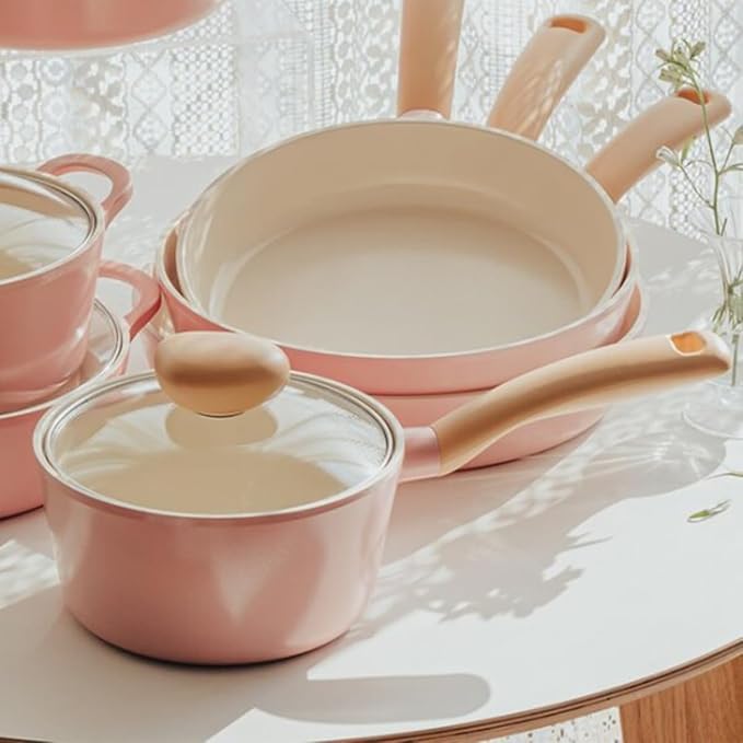 Neoflam Retro 1.5QT Saucepan with Lid – 7" (18cm) Heavy-Duty Nonstick Ceramic Coated Sauce Pot with Bakelite Handle, Pink Color, Dishwasher Safe, Elegant Kitchen Cookware, Made in Korea