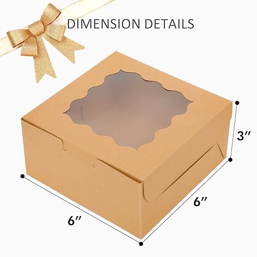 Bakepacker 100pcs Kraft Bakery Boxes with Window 6x6x3 inches Thick & Sturdy Macaroon Pastry Boxes Cookie Boxes for Bakerys
