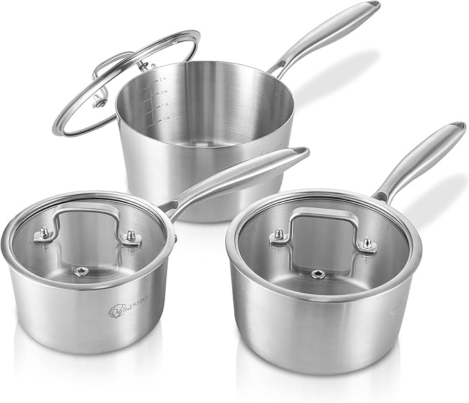 LOLYKITCH 1.5-2.5-3.0 QT, Tri-Ply Stainless Steel Saucepan Set of 3,Induction Cooking Pots,Sauce Pots with Lids,Pots and Pans Set,Detachable Handle and Dishwasher Safe.