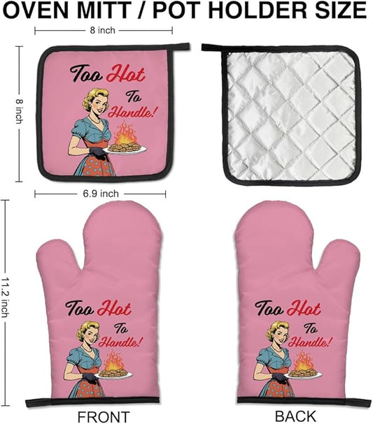 Too Hot to Handle Oven Mitts and Pot Holders Set, Retro Kitchen Gadgets, Cookie Lovers, Suit for New Female Chefs, Gifts for Baking Dessert Lovers of Women, Birthday Gifts for Housewives