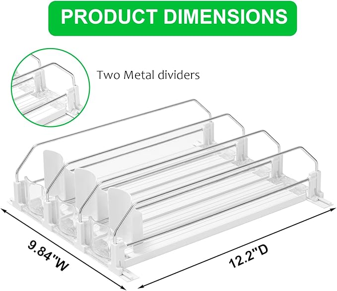 Rula Drink Organizer for Fridge, Self-Pushing Soda Can Dispenser for Mini Refrigerator, Width Adjustable Water Bottle Pusher Glide, White, 3 Rows,12.2” D