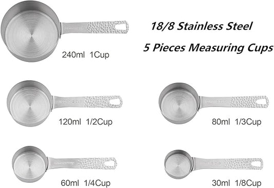 Measuring Cups and Spoons Set 14, Stainless Steel Measuring Cups and Spoons set for Baking & Kitchen, 5 Metric & US Measuring Cups and 6 Measuring Spoons,1Leveler and 2Rings for Dry & Liquid