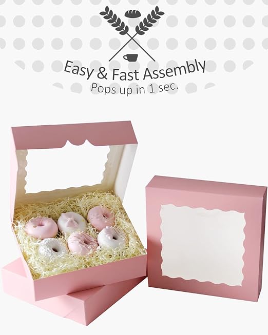 qiqee Auto-pop Up Pink Pie Boxes with Window 10x10x2.5 inch 20Packs Cookie Donut Bakery Box