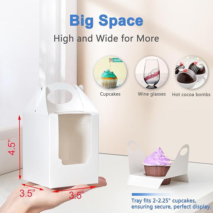 Cupcake Boxes 50 pcs, Individual Cupcake Containers White with Window Insert and Handle, Pastry Box Single Muffins Holder Disposable for Bakery Wrapping Party Favor Packaging