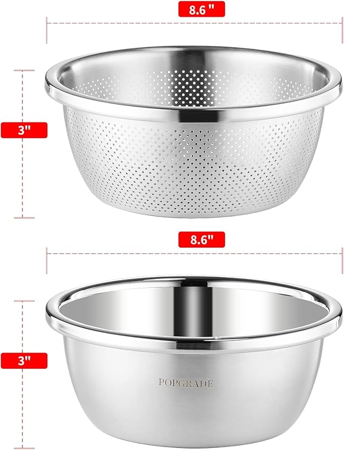 304 Stainless Steel Colander 2QT Microporous Colander & Mixing Bowl for Kitchen Cooking,Rice Strainer with Washing Bowl for Pasta Straining,Fruit Washing,Vegetable Draining(2PCs)