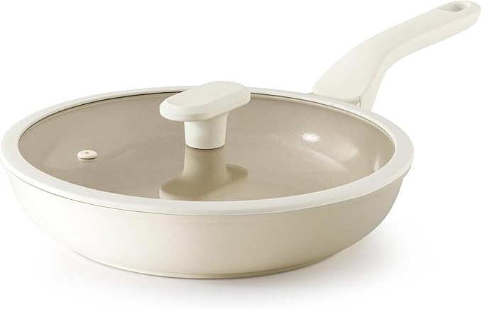 PRICUSIS Nonstick Ceramic Frying Pan with Lid, 8/10 Inch Skillet with Stay Cool Handle, Fully Coated, 100% Dishwasher Safe, Oven Safe, PTFE PFAS & PFOA Free (8 Inch, Coconut White