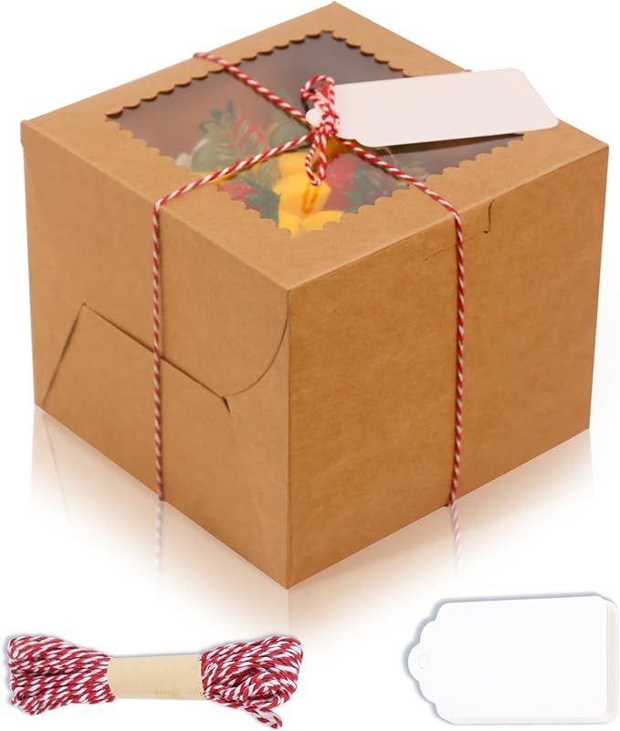 20Pcs Mini Cake Boxes with Window, 6x6x5 Inches Brown Bakery Boxes, Small 4 Cupcake Boxes, Cake Packaging for Pastries, Cookies, Chocolates, Cupcakes, Birthday Party, Wedding