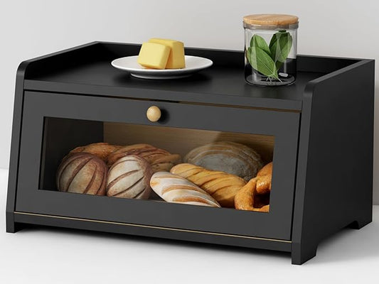 Black Bread Box for Kitchen Countertop, Vintage Wooden Counter Breadbox, Homemade Bread Storage Container for Sourdough Loaf, Small Farmhouse Corner Kitchen Countertop Organizer for Cabinet