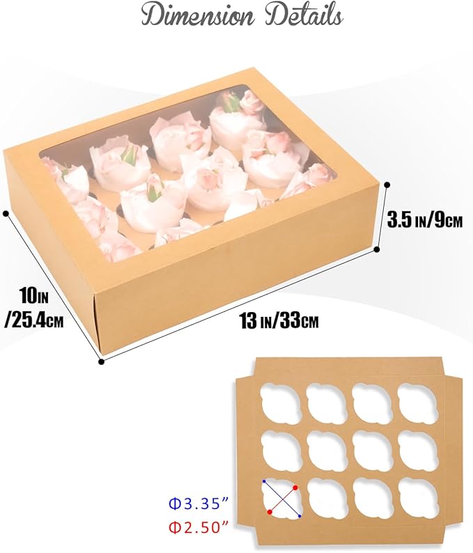 Bakepacker Auto-pop up 12 Cupcake Containers 6-Packs Brown Cupcakes Carrier, 12 Cupcake Boxes with Window 13"x10"x3.5"