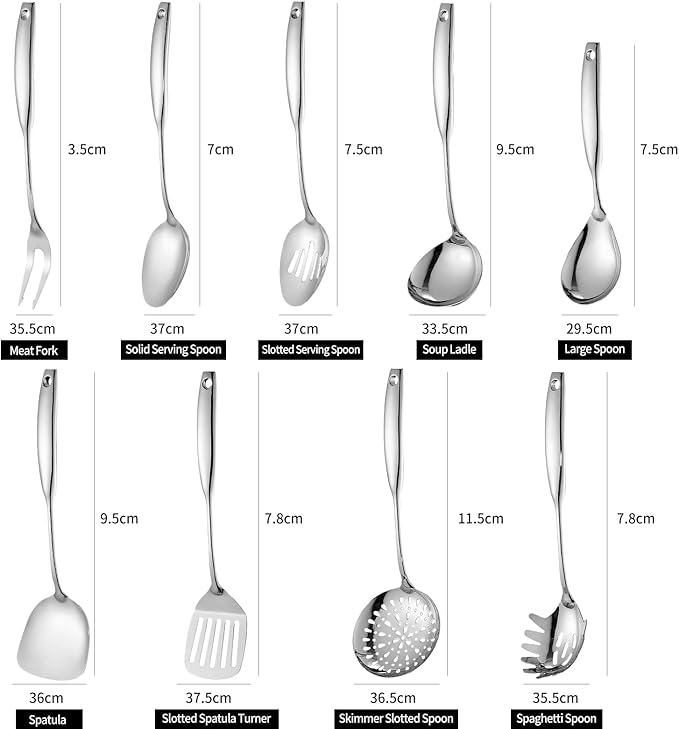 Lazycorner 304 Stainless Steel Kitchen Utensils Set 9-Piece Polished Mirror Finish Cooking Spoons, Slotted Spoon, Turner, Spatula, Pasta Spoon– Dishwasher Safe, Rust-Resistant