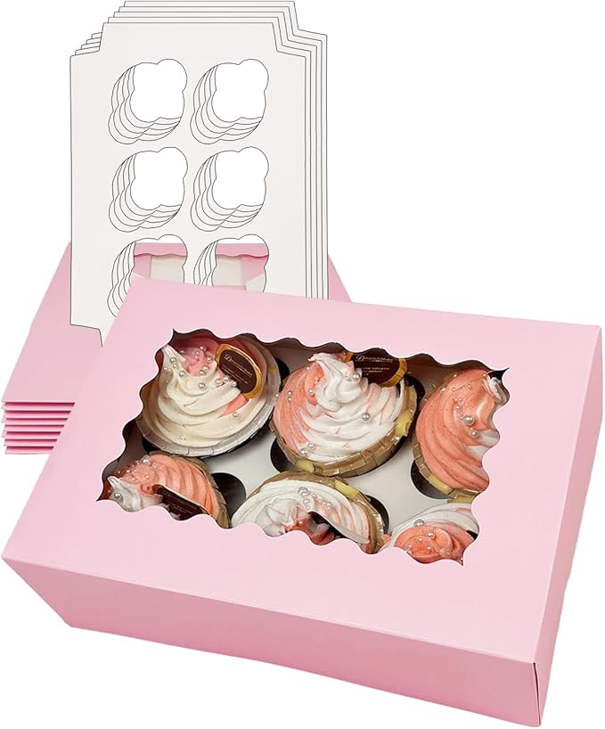 Bakepacker Auto-pop up 6 Cupcake Boxes with Window 20 Count Pink Box 9.4 x 6.1 x 3 inch Cupcake Carrier