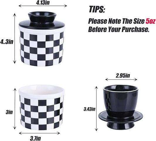 Checkered Butter Crock with Lid,Ceramic Butter Keeper for Countertop, Black And White French Butter Crock