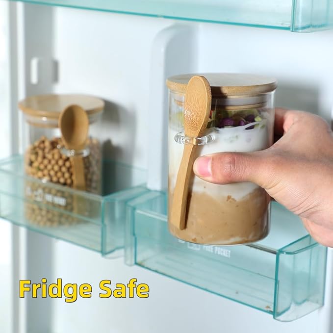 4 Pack Overnight Oats Glass Containers with Lids and Spoons, 17 OZ Glass Jars with Spoons and Lids for Loose Tea, Meal Prep Jars with Bamboo Cover for Chia Pudding, Yogurt