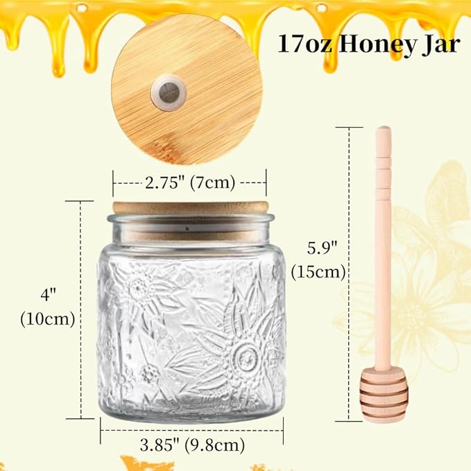 ANSQU Honey Pot, Airtight Glass Honey Jar with Bamboo Lid and Dipper Stick, Honey Container for Storing Honey, Jam Mason Jar for Home Kitchen, 17oz (Sunflower,1 Pack)