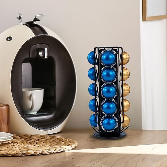 MyGift Black Metal Coffee Pod Capsule Holder Stand Rotating Carousel, Compatible with Vertuoline Pod, Coffee Bar Organizer Rack - Holds 20 Capsules