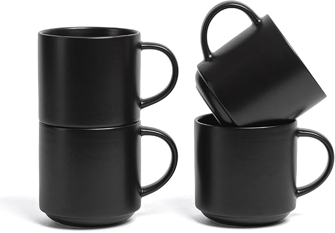 over&back Stackable Stoneware Coffee Mugs - 4-Piece Mug Set - Enjoy the Perfect Cup of Coffee, Tea, Latte, and More - Semi-Matte Black- 14oz