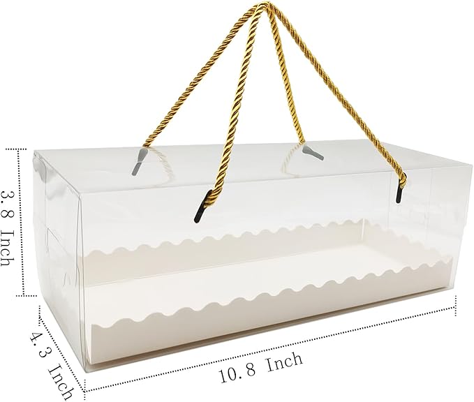 20 Pcs 10.8 Inch Clear Roll Cake Boxes with Gold Rope Handle & Cake Boards, Homemade & Bakery Transparent Plastic Gift Boxes，Easy Carrying, Storage Containers for Slice Cake, Christmas