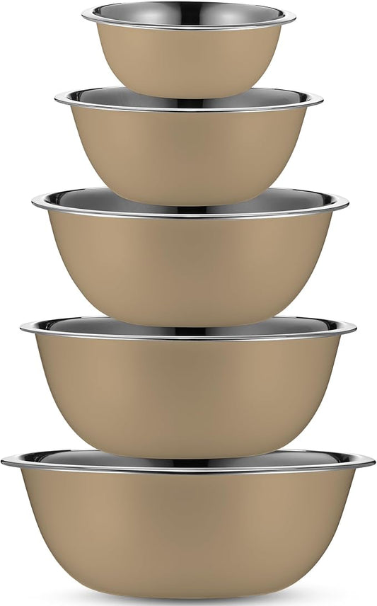WHYSKO Meal Prep Stainless Steel Mixing Bowls Set, Home, Refrigerator, and Kitchen Food Storage Organizers | Ecofriendly, Reusable, Heavy Duty (Khaki)
