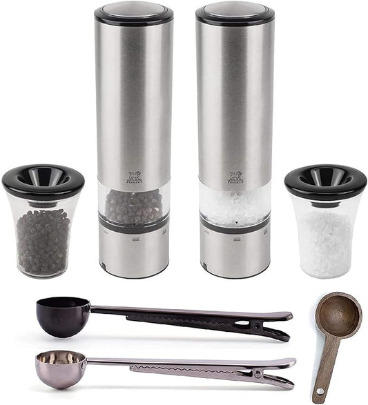 Peugeot Elis Sense U-Select 8 Inch Salt & Pepper Mill Gift Set - With 2 Stainless Steel Spice Scoop/Bag Clip & Wooden Spice Scoop (Salt & Pepper Mill Set)