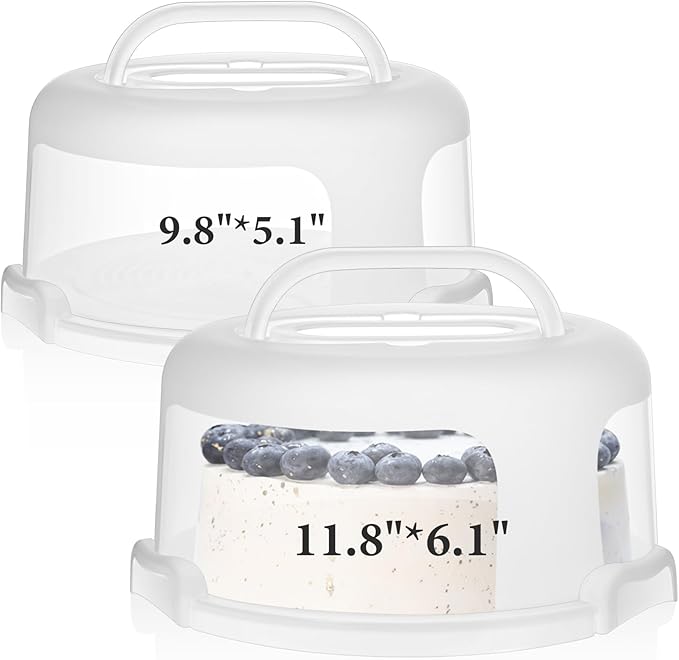 Baderke 2 Pcs Cake Carrier with Lid 10''/ 8'' Cake Holder Plastic Stand with Lid Handle Round Container Portable Carrier with Cover Boxes for Cupcake Pie Serving Transport(White)