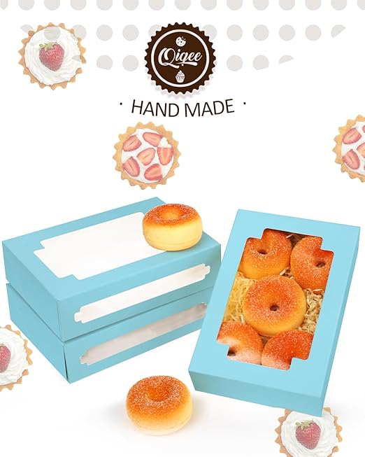qiqee Light Blue Cookie Boxes for Gift Giving 8x5.3x2 inch 24Packs Light Blue Bakery Box with Window Treat Box for Donuts Candies and Biscuit