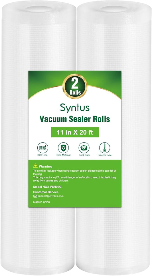 Syntus Vacuum Sealer Bags for food, 2 Pack 11" x 20' Commercial Grade Bag Rolls, Food Vac Bags for Storage, Meal Prep or Sous Vide