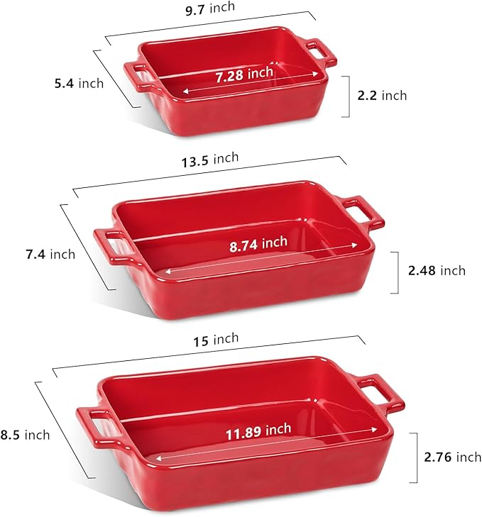 VICRAYS Ceramic Bakeware Set, Porcelain Rectangular Baking Dish, Baking Pan Lasagna Pans Casserole Dish Set for Cooking, Kitchen, Cake Dinner, Banquet and Daily Use, 3 PCS, 15 x 8.5 Inches (Red)