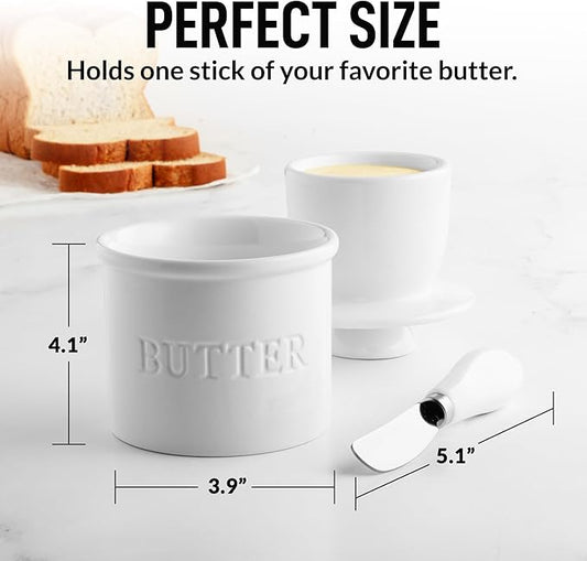 Zulay Kitchen Butter Crock With Lid & Spreader Knife for Countertop - Ceramic French Butter Dish Keeper For Fresh & Spreadable Butter - White