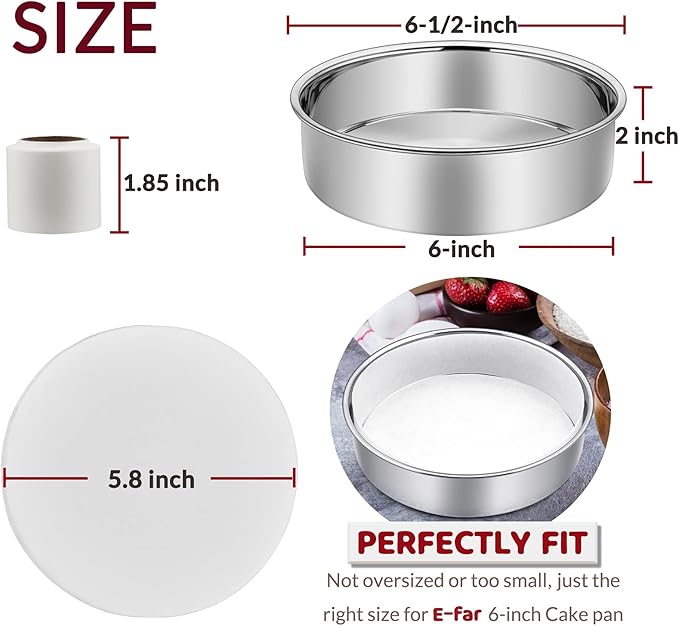 6 Inch Cake Pan Set of 2, E-Far Stainless Steel Round Layer Smash Cake Baking Pans with Parchment Rounds & Side Liner Roll, Non-Toxic & Healthy Metal Cakes Tin, Straight Side & Dishwasher Safe