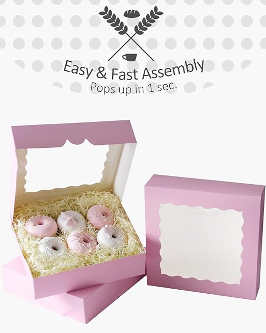 qiqee Auto-pop up Lavender Pie Boxes with Window 10x10x2.5 inch 30Packs Cookie Donut Bakery Box