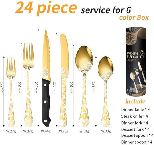 Premium 24 Piece Western Pattern Steak Knife,Fork and Spoon Set,Set for 4,Stainless Steel Cutlery Set with Gift-Ready Box,Dishwasher Safe, Ergonomic Design (Gold)