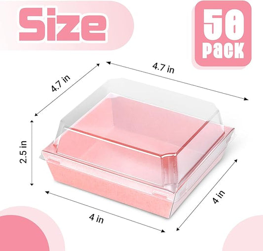 Plastic Charcuterie Boxes with Clear Lids 4in 100pcs, Pink Small Square To Go Paper Bakery Dessert Boxes, Disposable Mini Food Containers for Sandwich Cookie Slice Cake Strawberry Snack