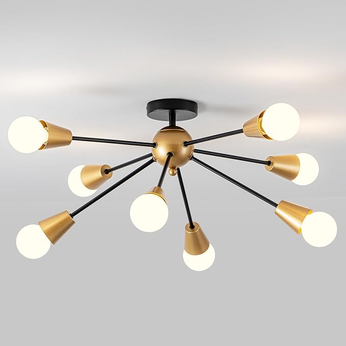 Modern Sputnik Ceiling Light Fixture,8-Lights Black and Gold Sputnik Chandeliers, Industrial Metal Semi Flush Mount Ceiling Light Fixture for Bedroom Hallway Entryway Kitchen