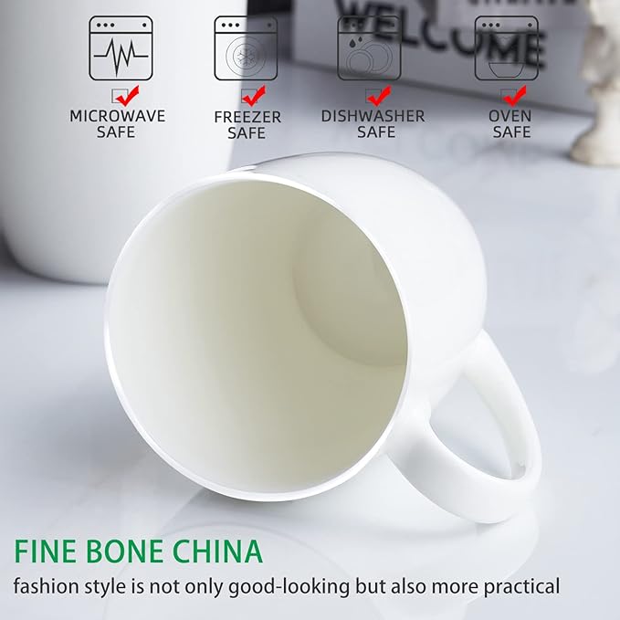 White Thin Over 45% Bone Content Fine Bone China Coffee Mugs 10 oz, Lightweight Porcelain Cups for Espresso Latte Mocha Cappuccino, Luxury Ceramic Tea Cup, Set of 6 Dishwasher Microwave Freezer Safe