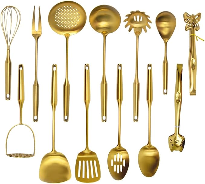 304 Stainless Steel Kitchen Utensils Set, 13PCS Metal Cooking Tools, Masher, Fork, 2Tongs, Solid Spoon, Slotted Spoon, Spatula, Whisk, Skimmer, Slotted Tunner, Soup Ladle, Spaghetti Spoon, Large Ladle
