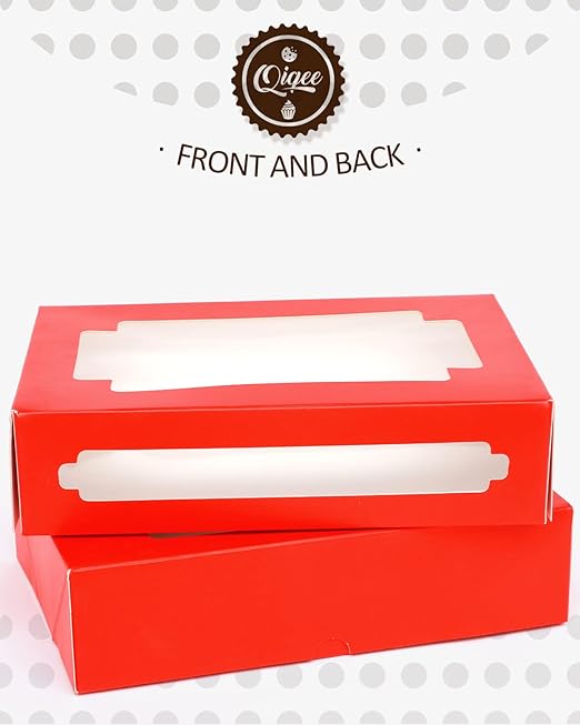 qiqee Red Cookie Boxes for Gift Giving 8x5.3x2 inch 24Packs Red Treat Box with Window Bakery Box for Donuts Candies and Biscuit